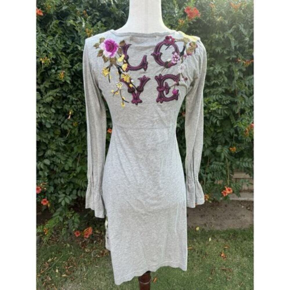 Johnny Was Gray Embroidered Long Sleeve Dress | Size Small | LOVE Back Detail